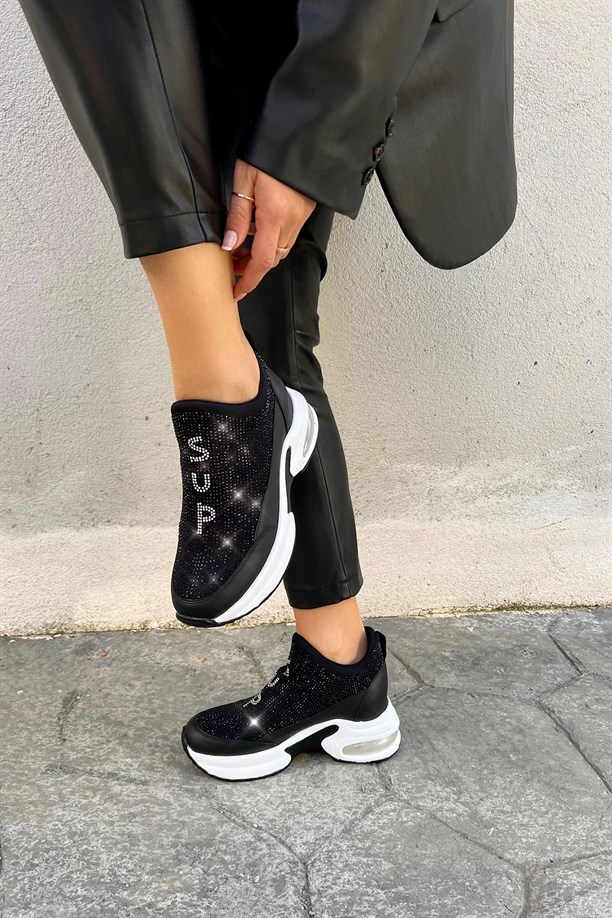 Bubos Siyah Gizli Dolgu Topuklu Air Taban Taşlı Kadın Spor Ayakkabı 