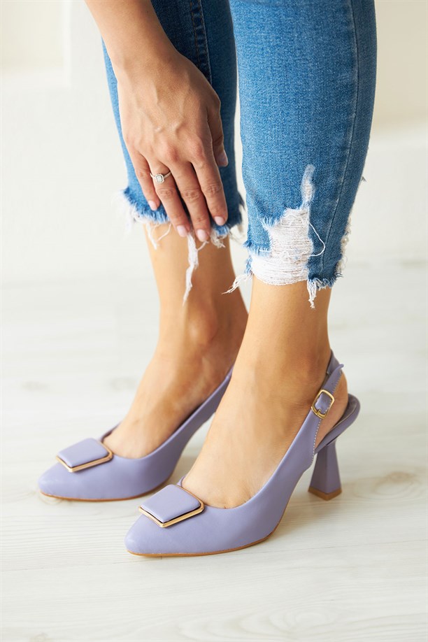 Feribe Lila Rengi Arkası Açık Topuklu Stiletto Ayakkabı